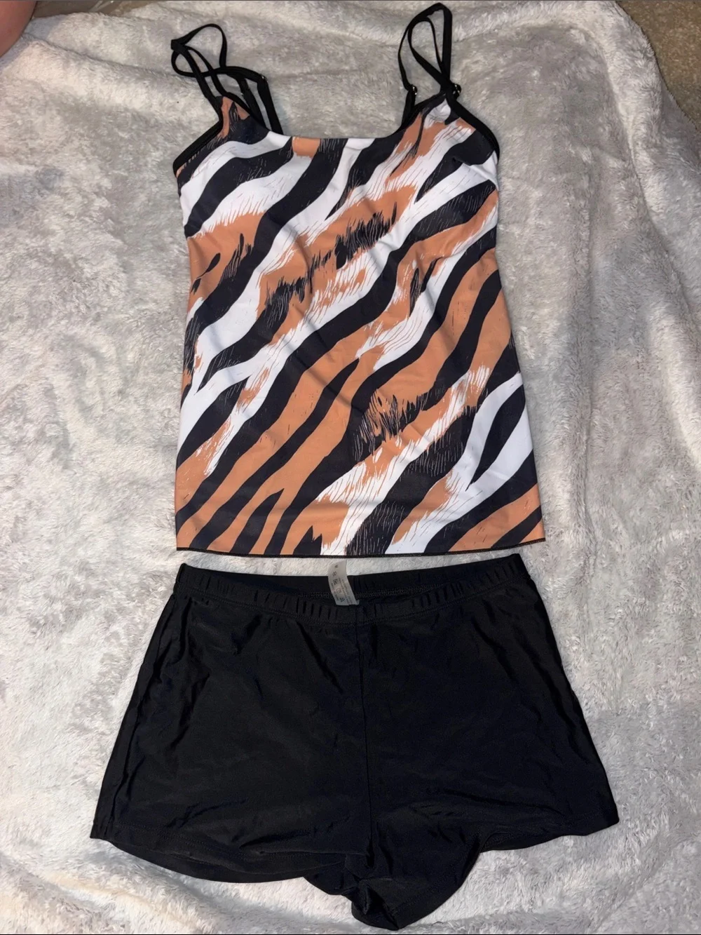 Cupshe Black White and Tan Zebra-Print Tankini with Black Swim Shorts